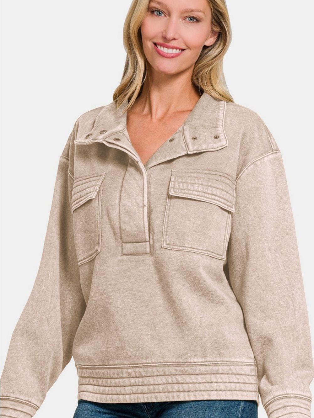 Zenana Acid Washed Half Snap Fleece Sweatshirt - Ash Mocha - Picture 1 of 3